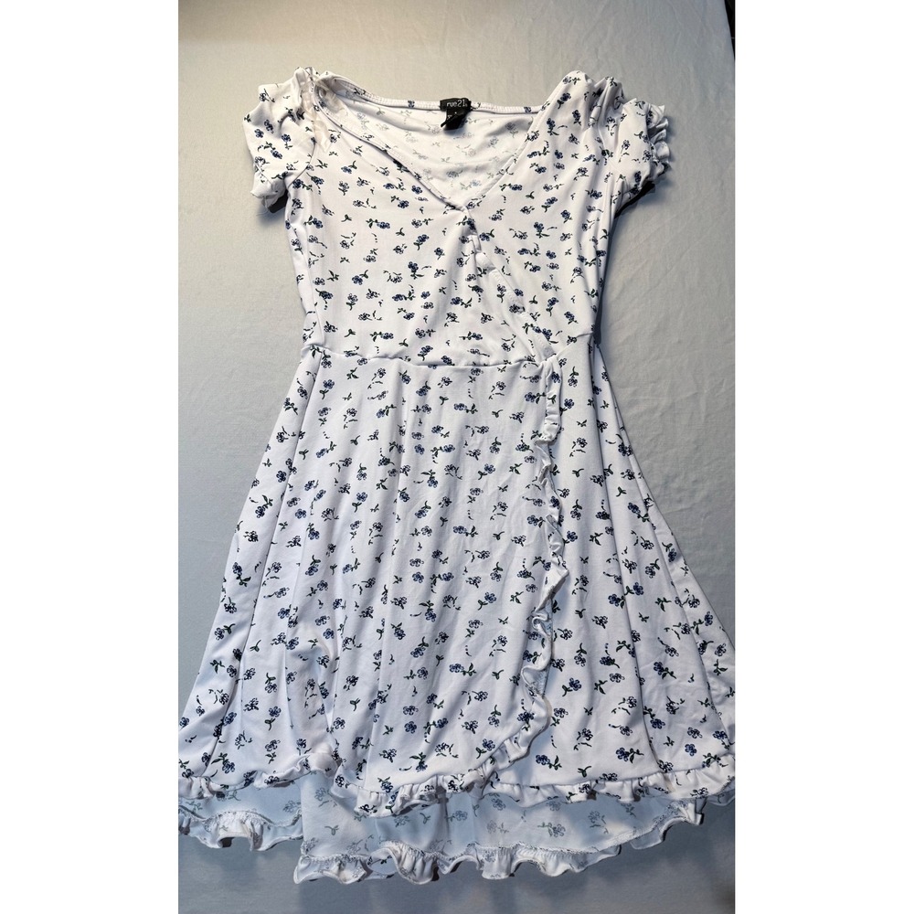 Rue21 Womens Floral Wrap Dress White Blue Ruffle High Low Summer Dress Size S